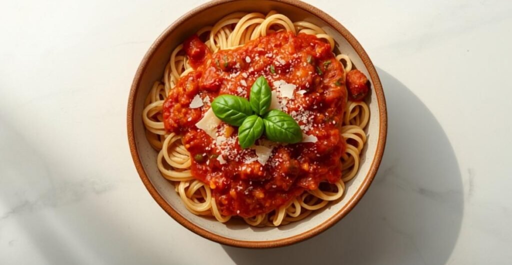 Volkoren pasta met tomatensaus en verstopte groenten