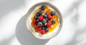 Griekse yoghurt bowl met bessen en honing