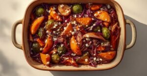 Winterse ovenschotel met zoete aardappel, kerstgroenten en feta