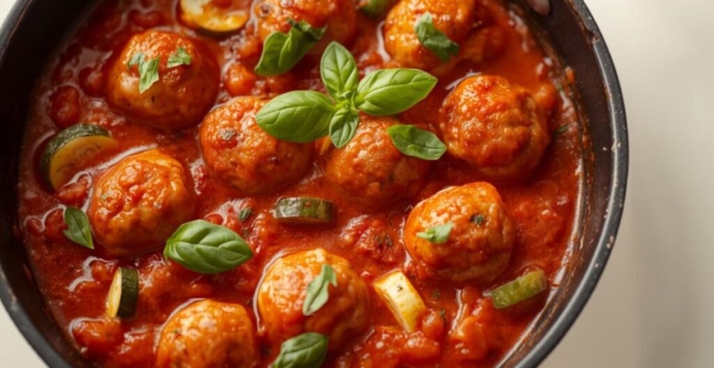 Kalkoengehaktballetjes in tomatensaus met courgette