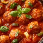 Pan met kalkoengehaktballetjes in tomatensaus met courgette en verse basilicum