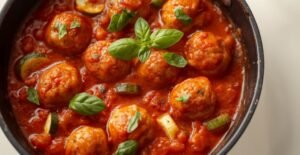 Kalkoengehaktballetjes in tomatensaus met courgette