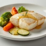 Bord met witte vis, gestoomde broccoli, wortel en courgette met citroen-kruidensaus