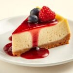 Punt proteïne cheesecake met bessencoulis en verse bosvruchten op een wit bord