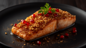 Feestelijke geroosterde zalm met granaatappel en walnotenkorst