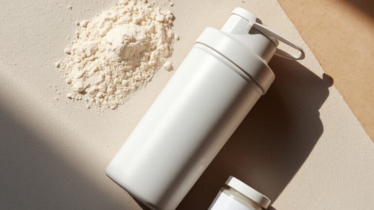 Neutrale onbrande shaker en eiwitpoeder flatlay - sportvoeding/supplementen categorie