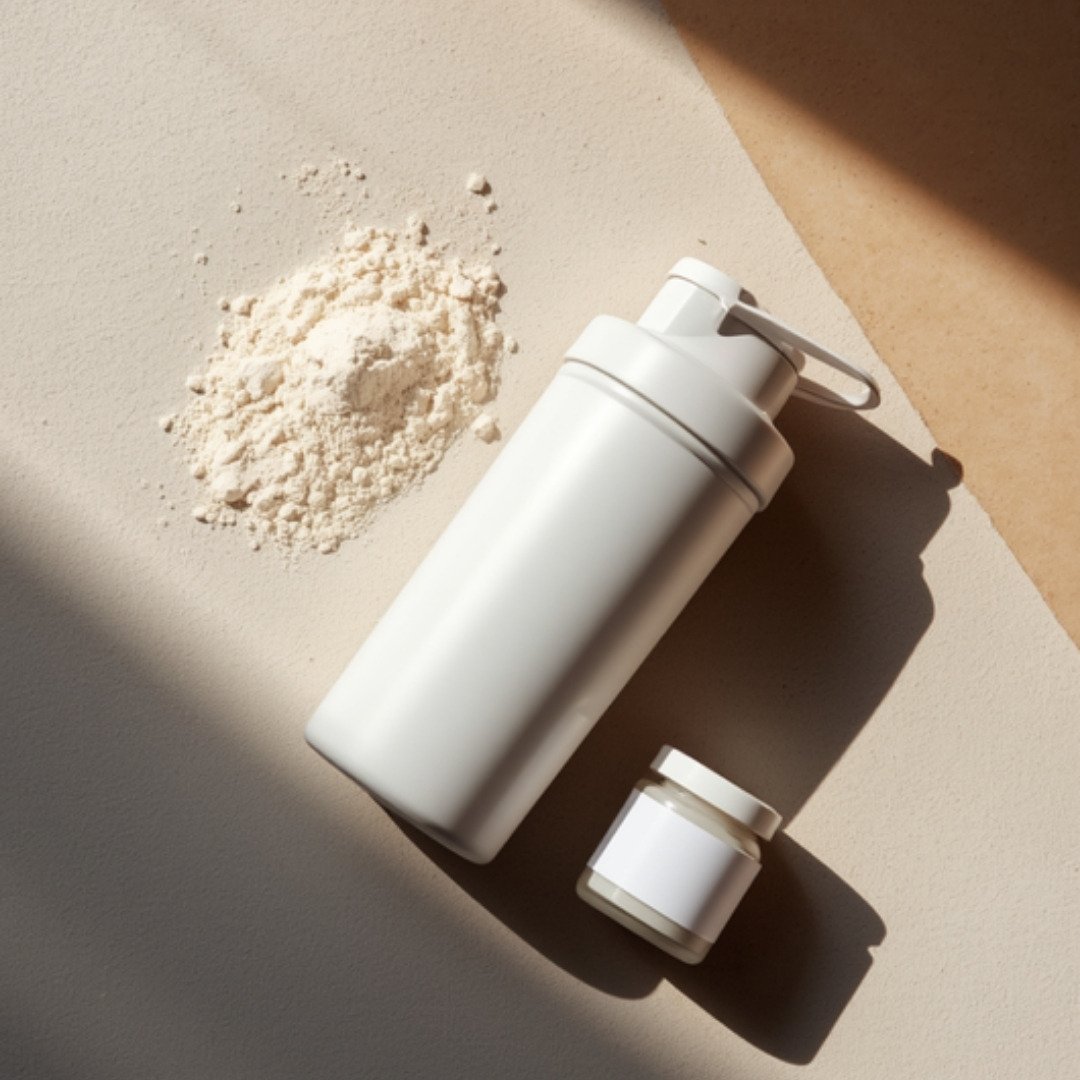 Neutrale onbrande shaker en eiwitpoeder flatlay - sportvoeding/supplementen categorie (vierkant)