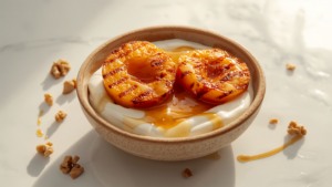 Griekse yoghurt toetje met honing, walnoten en gegrilde perzik