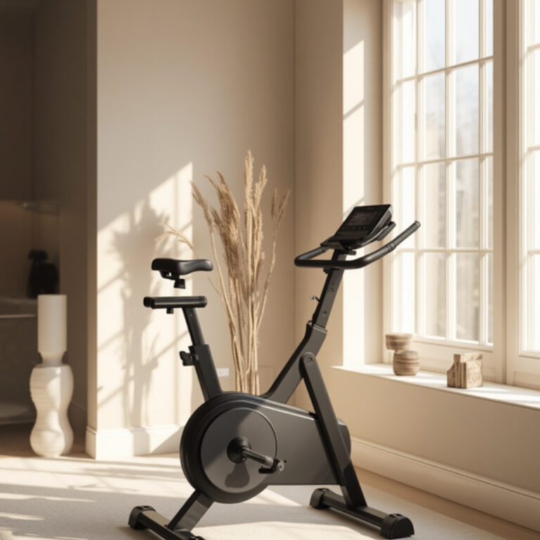 Onbrande fitness fiets in lichte woonkamer - hometrainer/cardio-apparatuur categorie (vierkant)