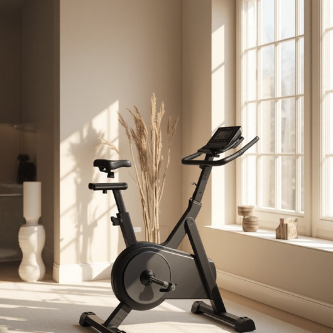 Onbrande fitness fiets in lichte woonkamer - hometrainer/cardio-apparatuur categorie (vierkant)