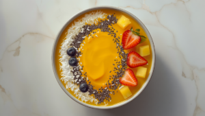 Mango-ananas smoothie bowl met kokosrasp en chiazaad