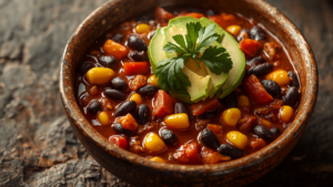 Vegan chili sin carne met zwarte bonen